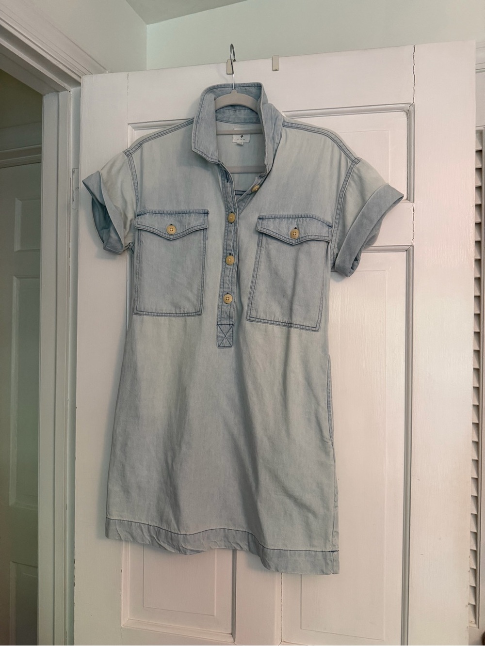 Light Wash Denim Polo Shirt Dress - Casual Short Sleeve